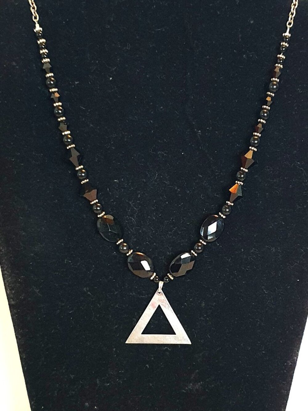One of A Kind Vintage 925 Sterling Faceted Black Onyx Triangle Pendant Necklace